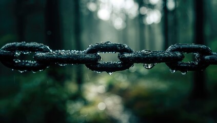 A close-up of a dark, weathered metal chain with raindrops clinging to its links, set against a blurred backdrop of a misty forest