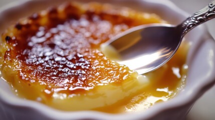 Macro shot, molecular crème brûlée, shattered caramel crust, vanilla bean custard, silver spoon, extreme macro, white ceramic dessert plating.