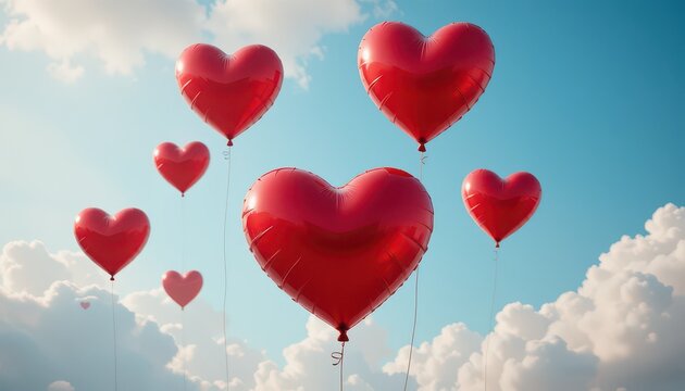 Red heart balloons floating in the blue sky with white clouds background