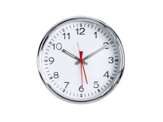 Silver Bezel Round Wall Clock with Red Second Hand on Black Background time timepiece, Isolated, Png Transparent Background