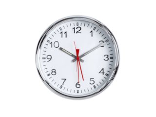 Silver Bezel Round Wall Clock with Red Second Hand on Black Background time timepiece, Isolated, Png Transparent Background