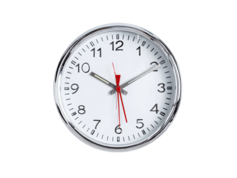 Silver Bezel Round Wall Clock with Red Second Hand on Black Background time timepiece, Isolated, Png Transparent Background