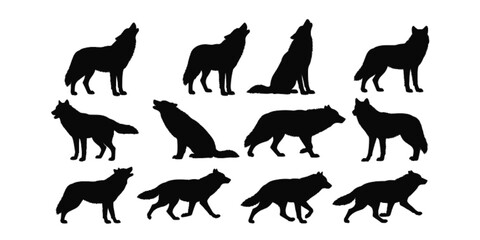 Wolf silhouette vector set, black animal illustrations, howling wolf poses, wildlife clipart for design, forest predator art, isolated on white background