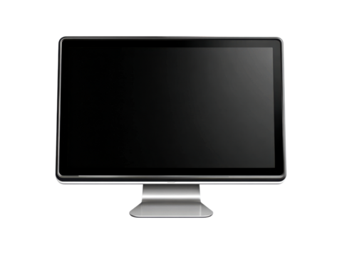 Sleek silver computer monitor with black screen on a black background display technology 1, Isolated, Png Transparent Background