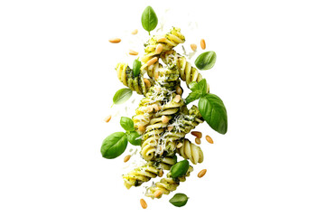 Delicious fusilli pasta with pesto and basil isolated on transparent background