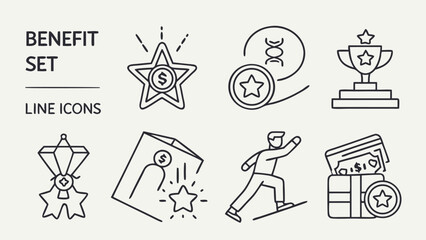 Fototapeta premium Benefit line icons set with Present, Benefit, Coupon, Reward, Card, Profit, Star, Gift and more. Editable Stroke