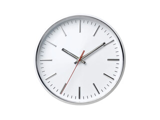 White analog clock face with silver hands and red second hand on black background time, Isolated, Png Transparent Background