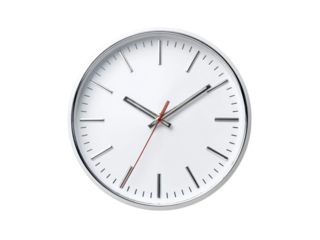 White analog clock face with silver hands and red second hand on black background time, Isolated, Png Transparent Background