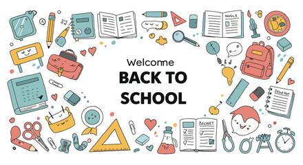 Colorful illustration of school supplies and welcome back to school message