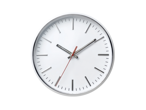 White analog clock face with silver hands and red second hand on black background time, Isolated, Png Transparent Background