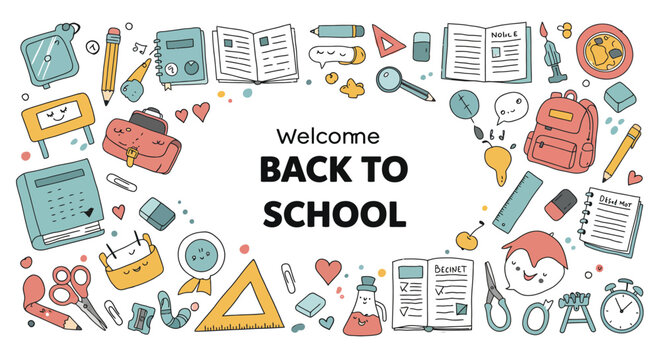 Colorful illustration of school supplies and welcome back to school message