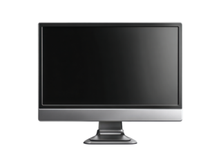 Silver computer monitor with black screen on black background display technology, Isolated, Png Transparent Background