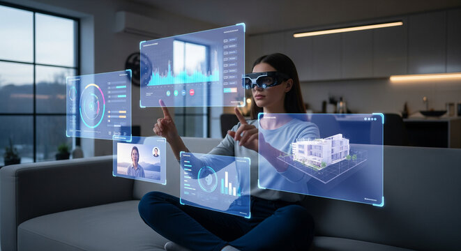 Woman using augmented reality glasses with holographic interface at home - Powered by Adobe