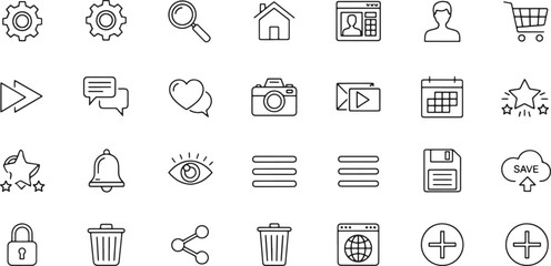 Collection of Various Outline Icons for Web Design and User Interface, Perfect for Websites