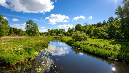 A tranquil river winds through a lush green landscape under a vibrant blue sky, showcasing a serene and peaceful natural scene.