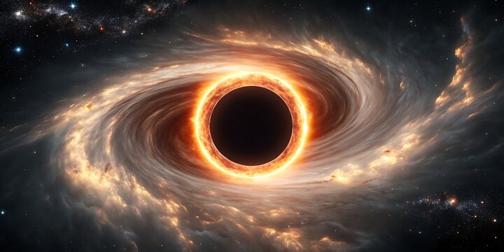 Dramatic Rendering of a Black Hole with Glowing Accretion Disk and Swirling Nebula Against a Starry Backdrop