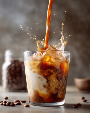 Dynamic action shot of iced latte in glass with milk&ndash;espresso swirl, large ice cubes and condensation, espresso pouring in with splash, coffee beans and jar in background