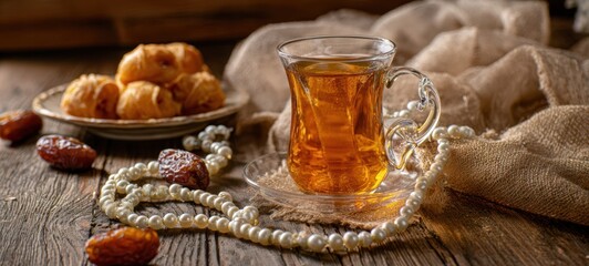 The glass of tea with dates pearls and pastries on rustic wooden table