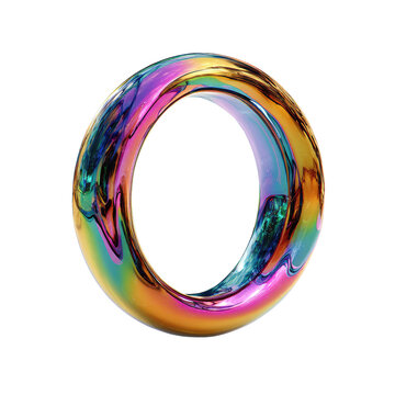 A vibrant, iridescent, letter "O" with a  3D, reflective, metallic surface