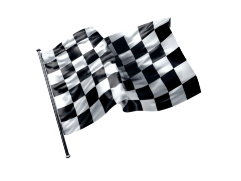 Waving checkered racing flag with black and white squares on a black background motorsport competition, Isolated, Png Transparent Background