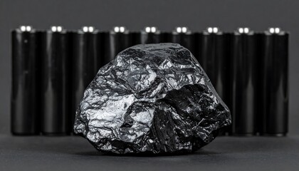 A substantial piece of coal sits prominently in the foreground, with several batteries in the background, creating a striking contrast.