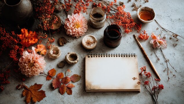 Autumnal artist's workspace with dried flowers and paints - Powered by Adobe