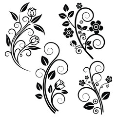 Elegant Black Floral Swirl Vectors, Ornamental Rose and Daisy Motifs for Tattoos, Invitations or Graphic Design Projects