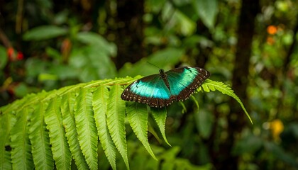 Obraz premium Vibrant Emerald Butterfly Rests on Lush Green Fern in Tropical Rainforest