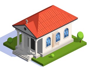 Isometric Chapel with Red Roof, and Green Lawn.