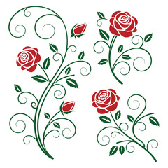 Ornamental red roses with swirling vines and buds, Decorative floral illustration for romantic or artistic themes