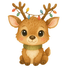 Adorable Cartoon Deer with Antlers Decorated with Colorful Christmas Lights, Perfect for Holiday Illustrations and Festive Decorations isolated on white or transparent png