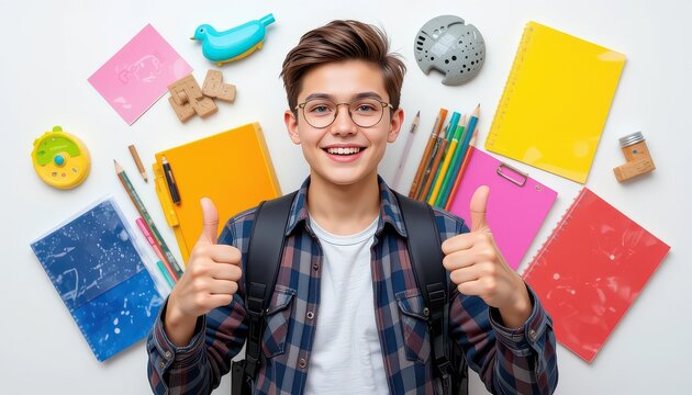 Happy student with backpack showing thumbs up surrounded by school supplies - Powered by Adobe
