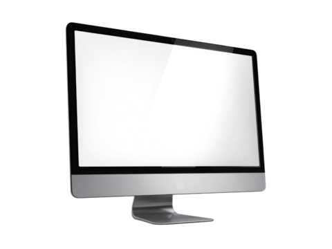 Silver computer monitor with blank white screen on black background display technology 1, Isolated, Png Transparent Background