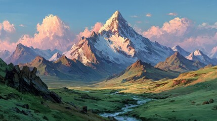 A majestic snowcapped mountain peak bathed in golden sunlight, with a serene valley and river below under a colorful sky
