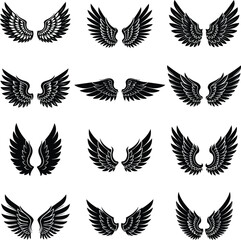 Set of vector wings icons including eagle angel and feather silhouettes for design and decoration