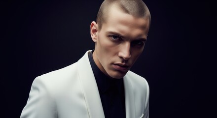 Obraz premium Young caucasian male in white suit with intense stare in dark room