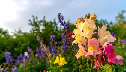 Vibrant display of snapdragons in various pastel hues, showcasing a mix of soft pinks, yellows, and creams, with a blurred background of deeper purples and greens, bathed in soft, natural light.