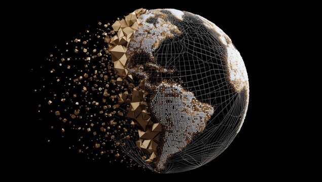 A digital rendering of a partly disintegrating Earth, depicted in a low-poly style with gold fragments scattering against a black background.  The remaining globe shows a grid overlay