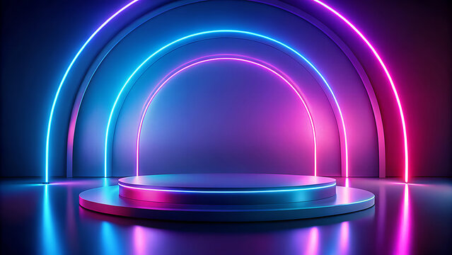 Futuristic neon archway stage with glowing blue and pink lights illuminating a circular platform for product display or performance