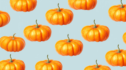 Pattern made of macro orange pumpkins on pale blue background autumn