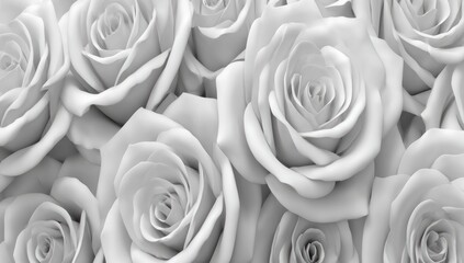 Close-up view of many detailed white roses.