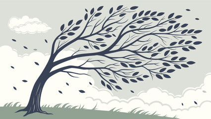 Illustration of a windy day with tree bending and leaves blowing in the wind vector graphic design art