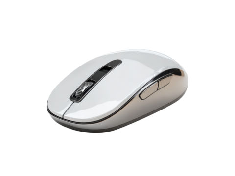 White computer mouse with silver accents and black scroll wheel isolated on black background technology, Isolated, Png Transparent Background
