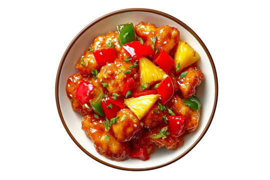 Delicious sweet and sour chicken with pineapple isolated on transparent background