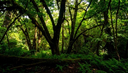 Obraz premium Lush greenery and towering trees create a dense, verdant forest scene, bathed in dappled sunlight.