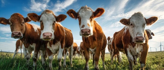 The Cows Gathering Close Under Blue Sky in Green Pasture with Wind Turbines