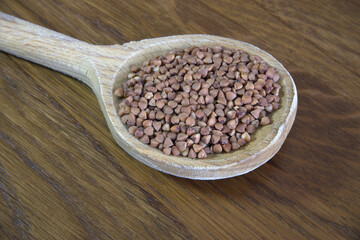 Wooden spoon on a table filled with raw buckwheat groats.