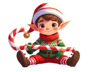  Adorable Christmas Elf with Green Outfit and Pointed Hat, Smiling Pose, Front View, isolated on transparent background.