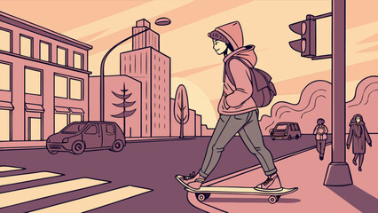 Illustration of skateboarder on city street with buildings and traffic lights urban scene vector art © ali