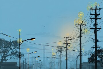 Foggy street with streetlights and power lines illuminating evening. Cityscape backdrop